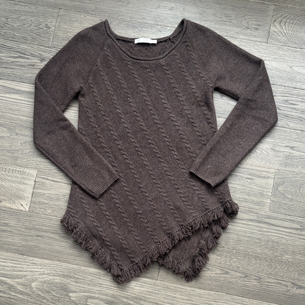 Raffi |100% Cashmere Chocolate Brown Cable Knit Scoop Neck Sweater Fringe Hem SM
